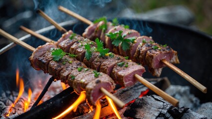 Poster - Lamb Shashlik Grilling Over Open Fire with Fresh Herbs and Blank Space for Text in a Rustic Outdoor Setting