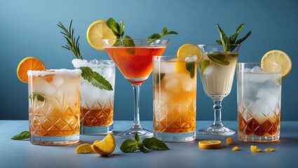 Poster - Variety of Classic Alcohol Cocktails Decorated with Fresh Fruits and Herbs on Blue Background with Space for Text