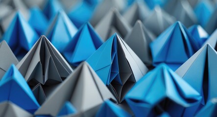 Poster - Abstract composition of blue and gray origami tetrahedrons creating a textured background suitable for business cards and web design use.