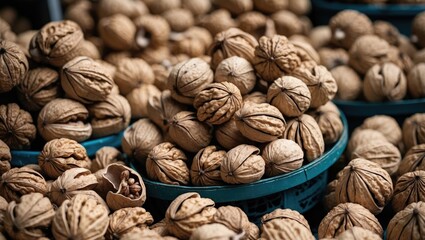 Poster - Natural walnuts in their shells displayed in a market setting highlighting texture and abundance in Istanbul, known as Ceviz in Turkish.