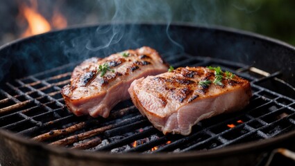 Poster - Grilled Pork Chops with Herbs on Charcoal Grill Surrounded by Smoke and Flames Perfect for Barbecue Promotions and Culinary Textures