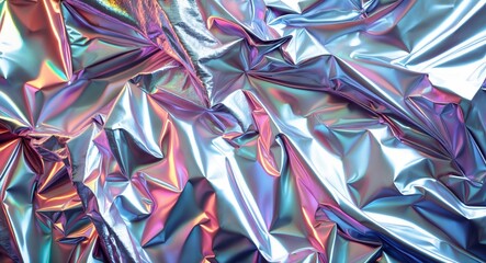 Poster - Shiny crumpled silver foil texture background with iridescent colors for creative design and artistic projects
