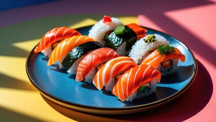 Poster - Colorful Nigiri Sushi Assortment on Plate with Playful Background and Dynamic Lighting Creating Interesting Shadows.