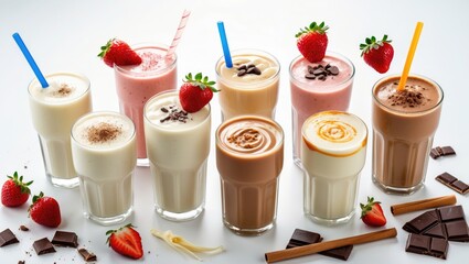 Poster - Variety of Delicious Milk Shakes Featuring Strawberry, Chocolate, Vanilla and Caramel Flavors in Clear Glasses with Straw on White Background