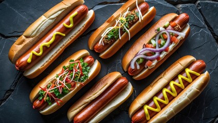 Poster - Assorted gourmet hot dogs with diverse toppings arranged on a dark stone background showcasing colorful ingredients and flavors.