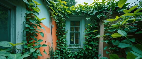 Aufkleber - Lush green leaves intertwine with colorful walls, creating a vibrant, nature-infused home aesthetic in a serene outdoor setting.