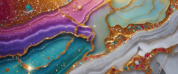 Poster - Colorful onyx marble texture with vibrant liquid paint patterns and sparkling accents ideal for flooring and wall cladding designs.