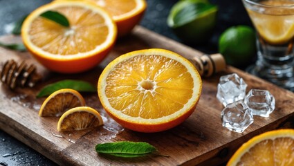 Aufkleber - Freshly Cut Orange Slices on Wooden Board with Garnish Elements for Cocktail Preparation