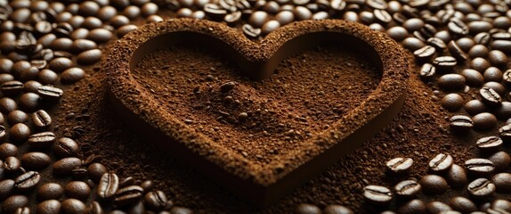 Aufkleber - Heart shape created from ground coffee surrounded by coffee beans on a textured surface evoking warmth and love for coffee culture.