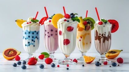 Poster - Assorted colorful milkshakes topped with whipped cream and fresh fruits served in tall glasses on a white background.