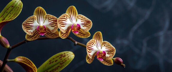 Poster - Vibrant orchid flowers with intricate patterns and healthy green leaves against a dark background showcasing natural beauty and elegance.