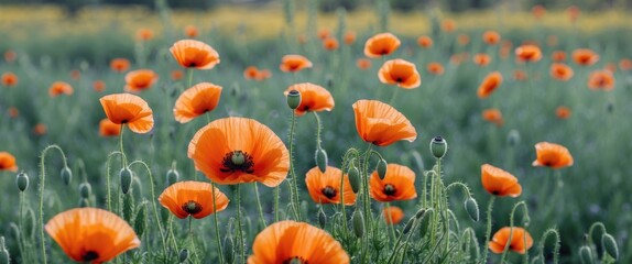 Poster - Vibrant Wild Poppy Flowers Blooming in a Spring Meadow with Selective Focus and Space for Text Overhead