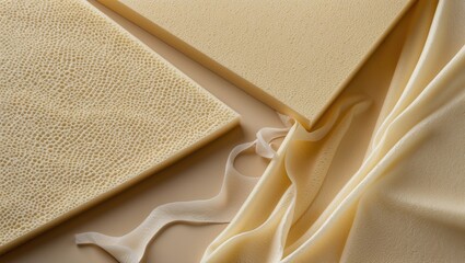 Poster - High resolution close-up of beige EVA foam texture showcasing unique surface details and draped fabric for depth and contrast.