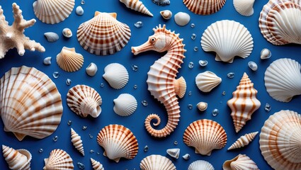 Aufkleber - Seashells and Sea Horse on Blue Background Diverse Marine Textures for Coastal Decor and Design Place for Text Overlay