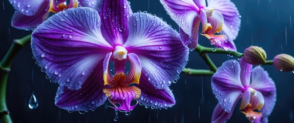Poster - Purple orchid petals adorned with water droplets and mist against a dark background, showcasing nature's elegance and beauty.