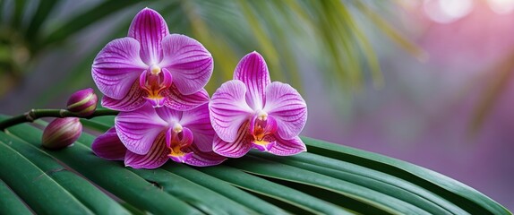 Poster - Vibrant Pink Orchid Flowers Resting on Lush Green Palm Leaves in Soft Natural Light