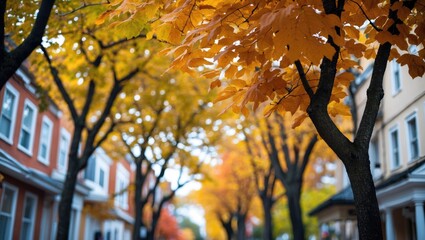 Aufkleber - Autumn Street Scene with Colorful Orange and Yellow Leaves Framing a Blurred Architectural View of Houses in a Peaceful Neighborhood.