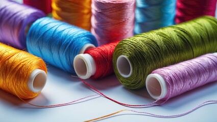 Aufkleber - Colorful sewing threads arranged for embroidery on a white background showcasing vibrant hues and textures ideal for crafting and design projects.