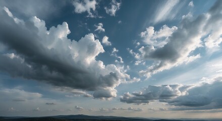 Aufkleber - Dramatic cloud formations in a serene sky with gray and blue hues over picturesque mountains and valleys.