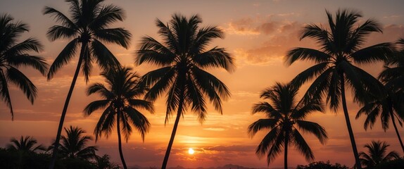 Poster - Tropical Palm Silhouettes Against Vibrant Sunset Sky With Space For Text Ideal For Vacation Promotions Or Nature Themes