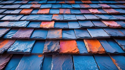 Aufkleber - Beautifully arranged slate roof tiles showcasing a vibrant color palette in a horizontal layout ideal for architectural design and roofing materials.