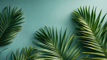 Aufkleber - Tropical Palm Leaves on Teal Background with Copy Space for Text Design and Decoration Concepts