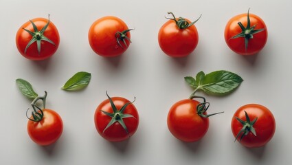 Aufkleber - Fresh Cherry Tomatoes Arranged in a Minimalistic Layout with Green Leaves on Light Background Ideal for Culinary and Food Presentation Themes