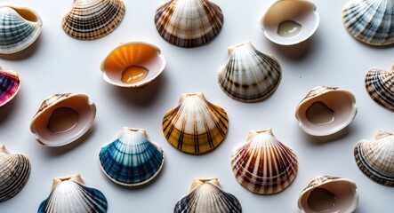 Aufkleber - Collection of Common Cockle Shells on White Background Diverse Colors and Patterns Close-Up of Marine Bivalve Mollusc Empty Shells