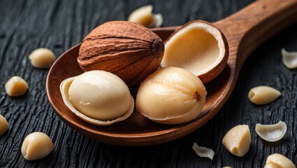 Aufkleber - Macadamia nuts in a wooden spoon showcasing shelled and peeled varieties on a black textured background for food photography.