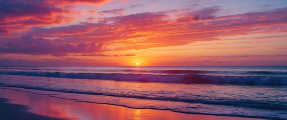 Aufkleber - Tranquil beach sunset with vibrant orange pink and purple hues reflecting on calm waters creating a serene and scenic coastal atmosphere
