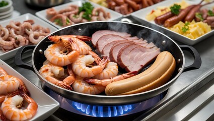 Poster - Seafood and Pork Dish in a Hot Pan on a Buffet Table with Empty Space for Menu or Promotion Text