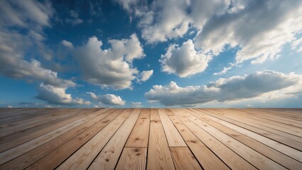 Aufkleber - Sky with Soft Clouds Over a Wooden Floor Perspective for Background Design and Nature Themes