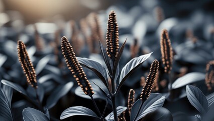 Aufkleber - Macro close-up of a striking plant featuring elongated dark brown seed structures surrounded by gray leaves and a softly blurred background.