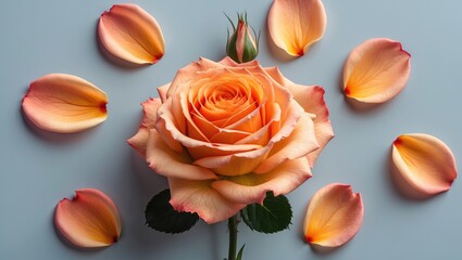 Poster - Elegant Orange Rose Surrounded by Delicate Petals on a Soft Blue Background