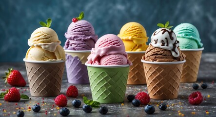 Poster - Assorted Flavored Ice Cream Scoops in Vintage Paper Cups with Fresh Berries and Copy Space for Custom Text
