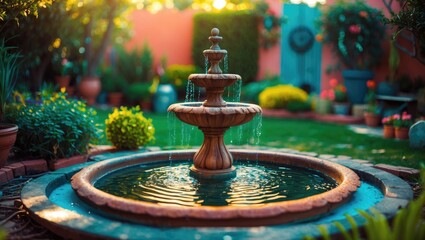 Poster - Elegant Garden Fountain Surrounded By Lush Plants and Colorful Flowers Creating a Serene Outdoor Atmosphere in a Beautiful Landscape