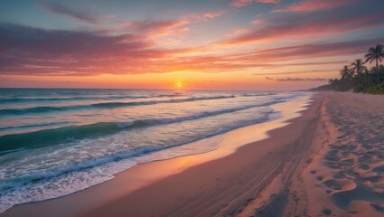 Aufkleber - Serene Tropical Sunset Over Calm Waves on a Tranquil Beach with Silhouette of Palm Trees and Colorful Sky Reflecting on the Water