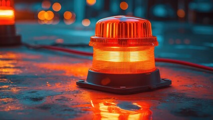 Poster - Bright orange warning light with reflective plastic surface mounted on a wet surface illuminated by soft bokeh background lights