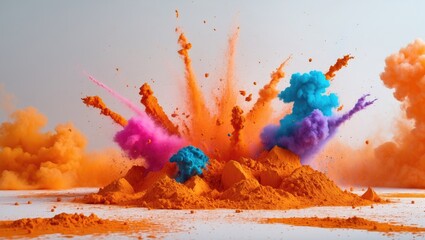 Poster - Colorful powder explosion creating vibrant clouds of orange, pink, and blue against a white background, evoking a festive atmosphere.