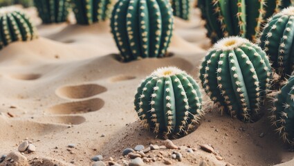 Poster - Cactus Growth in Sandy Desert Landscape with Text Space for Nature Themes and Background Designs