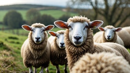Poster - Curious Sheep Grazing in Green Countryside Pasture Captured in Natural Light