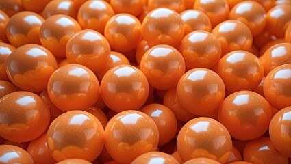 Poster - Vibrant orange polystyrene balls creating a smooth and reflective textured background for creative and decorative designs