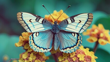 Aufkleber - Beautiful butterfly perched on vibrant flowers showcasing intricate wing patterns and a harmonious blend of colors in a natural setting.