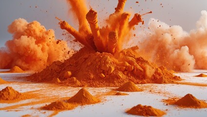 Poster - Vibrant orange powder explosion creating a colorful dust cloud on a white background for artistic or festival themed visuals.
