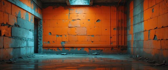 Poster - Urban decay with vibrant orange concrete wall in abandoned interior setting showcasing peeling paint and wet floor reflections.