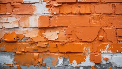 Poster - Textured orange paint on a weathered wall with peeling layers showcasing a rustic and artistic background for creative projects.