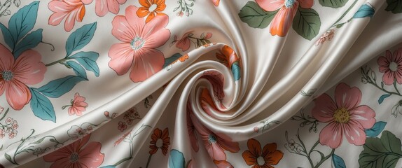 Aufkleber - Delicate floral print silk fabric showcasing vibrant colors and lightweight texture ideal for fashion and interior design applications.