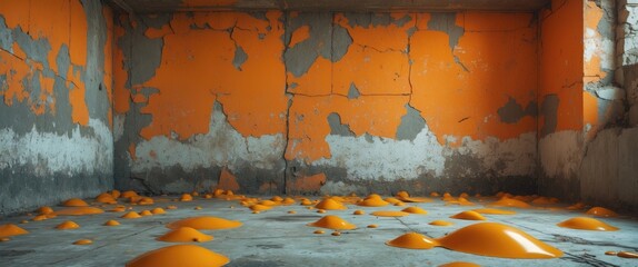 Poster - Abstract orange concrete interior with textured walls and glossy orange blobs on the floor creating a bold urban aesthetic.