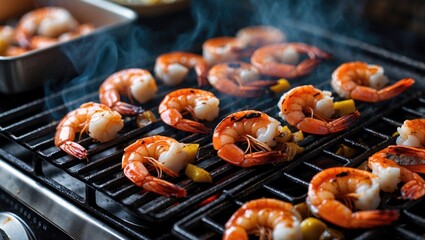 Poster - Grilled shrimp barbecue on a stovetop with smoke and vibrant colors showcasing seafood preparation with space for adding text.
