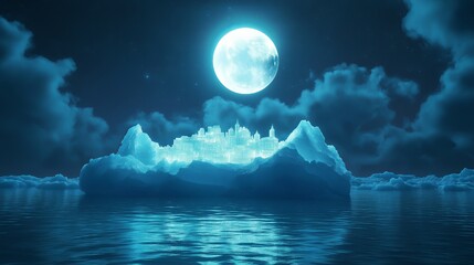 Poster - A surreal floating iceberg city glowing in the moonlight